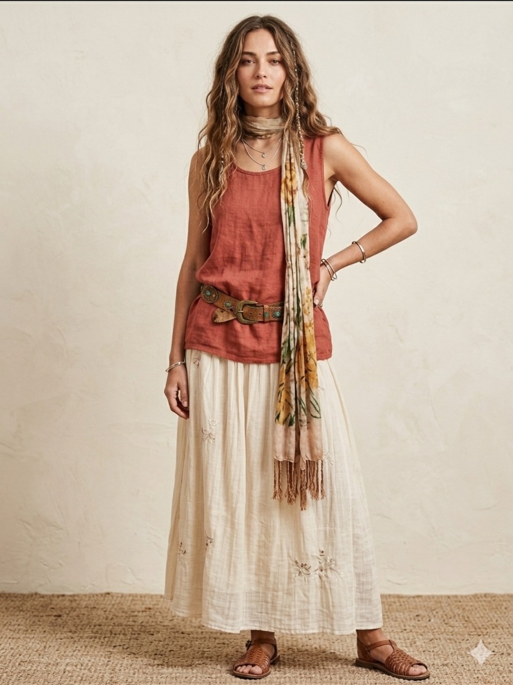 FLAX Linen Tank Top Women’s Large Rust Brick Red Scoop Neck Sleeveless Boho